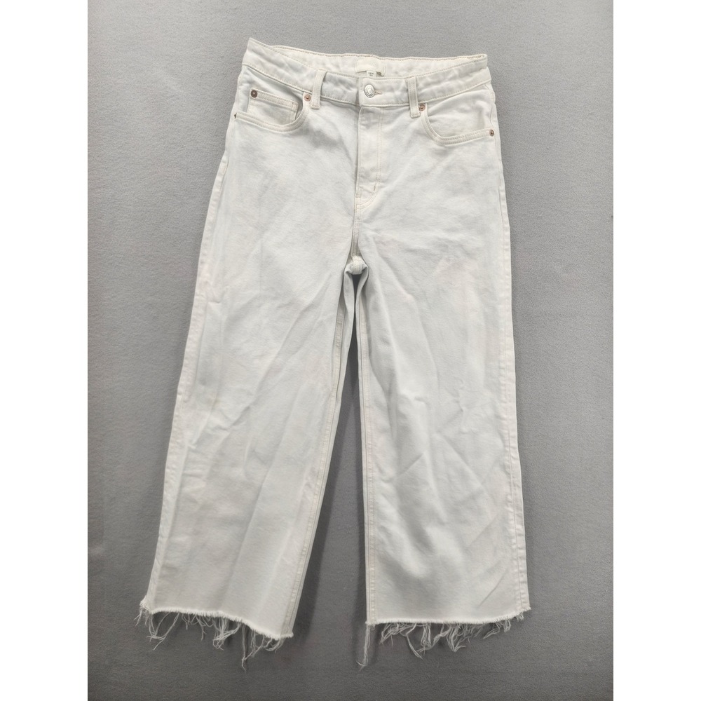 H&M White Wide Leg Jeans High Rise Cropped Raw Hem Denim Pants Size 8 Womens New